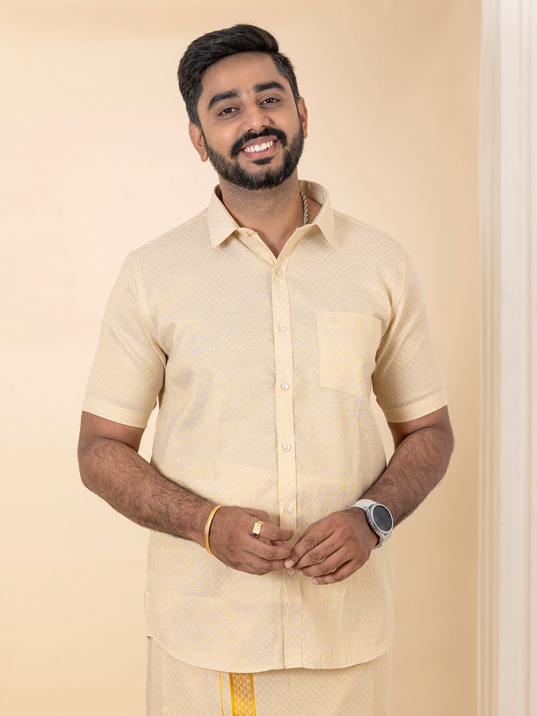 Men Gold Tissue Jacquard Half Sleeves Shirt with Matching Dhoti Set GD12