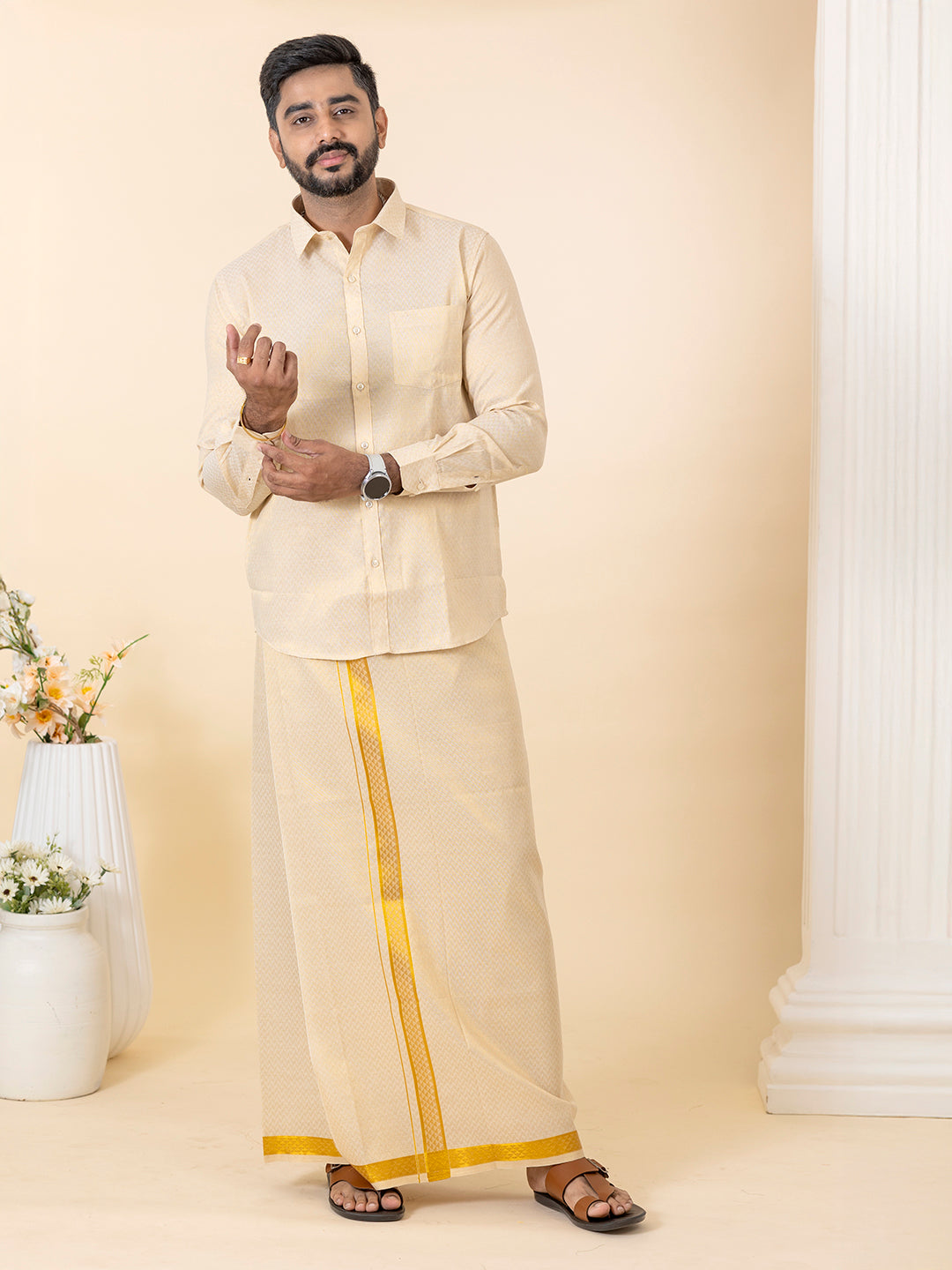 Men Gold Tissue Jacquard Full Sleeves Shirt with Matching Dhoti Set GD12
