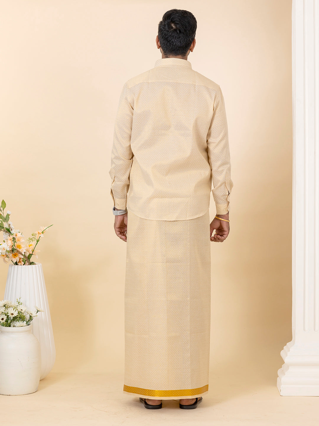 Men Gold Tissue Jacquard Full Sleeves Shirt with Matching Dhoti Set GD12