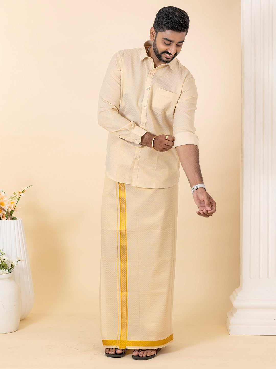Men Gold Tissue Jacquard Full Sleeves Shirt with Matching Dhoti Set GD12