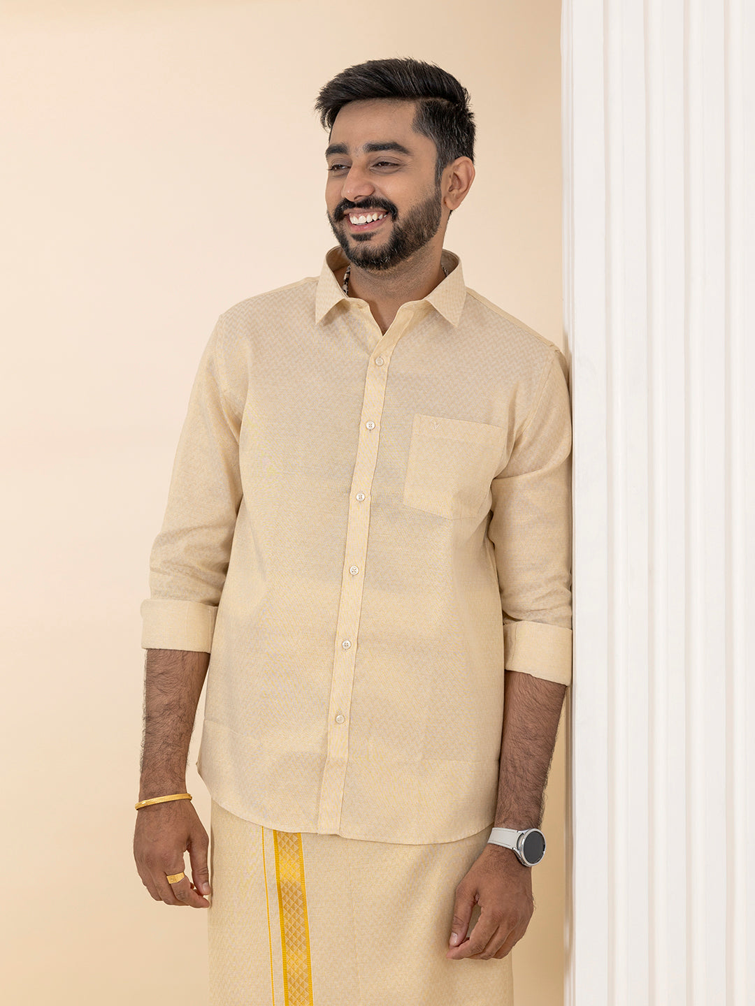 Men Gold Tissue Jacquard Full Sleeves Shirt with Matching Dhoti Set GD12