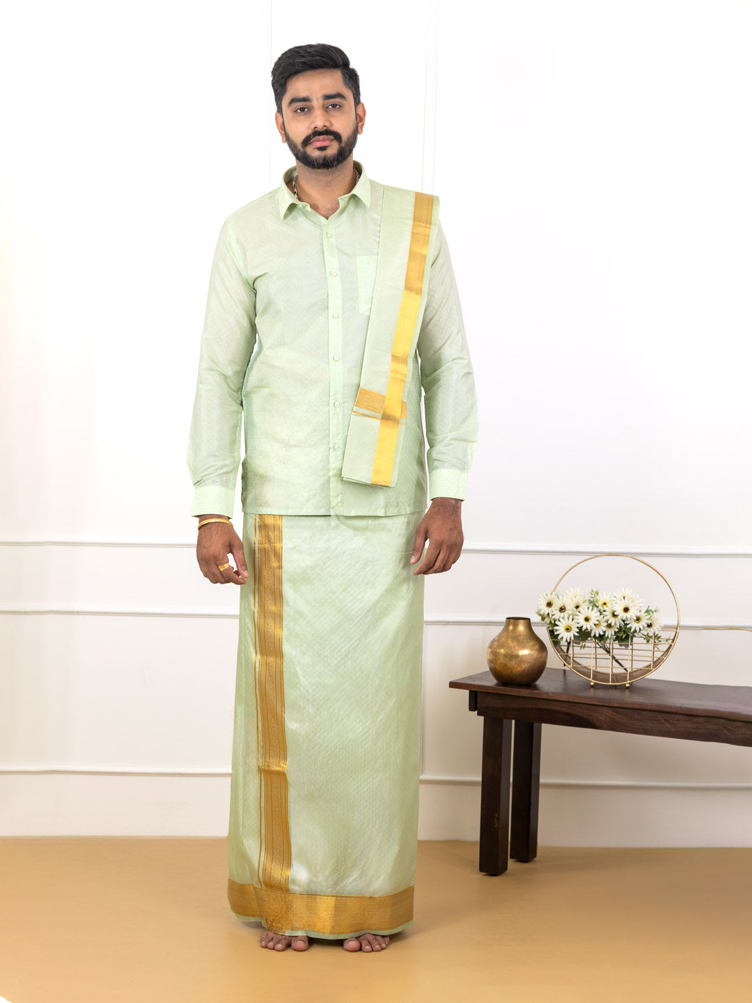 Men Art Silk Jacquard Shirt Dhoti & Towel Set Marine Green Swayamvara Grand MGJD1