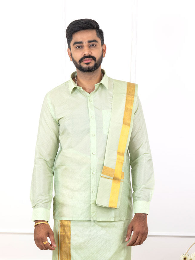 Men Art Silk Jacquard Shirt Dhoti & Towel Set Marine Green Swayamvara Grand MGJD1