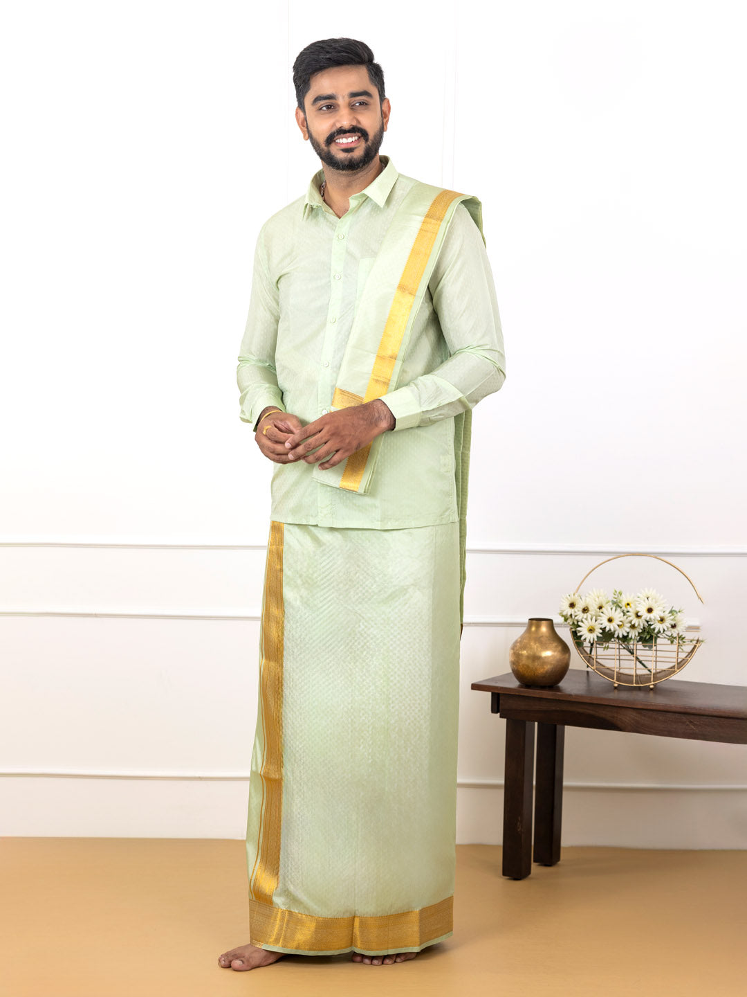 Men Art Silk Jacquard Shirt Dhoti & Towel Set Marine Green Swayamvara Grand MGJD1