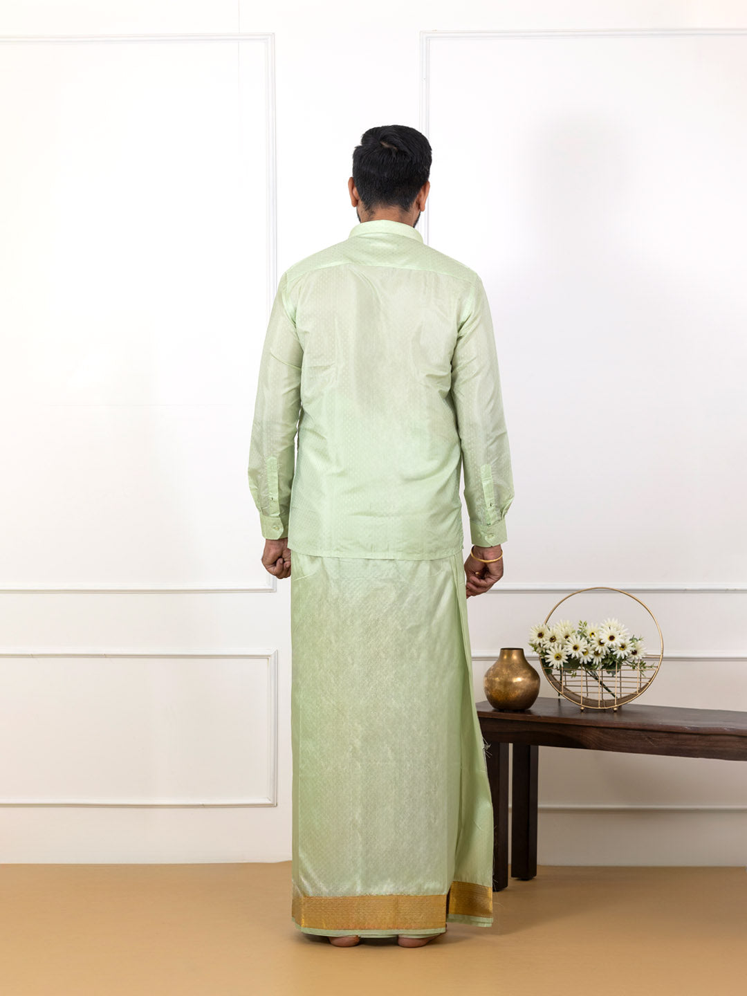 Men Art Silk Jacquard Shirt Dhoti & Towel Set Marine Green Swayamvara Grand MGJD1
