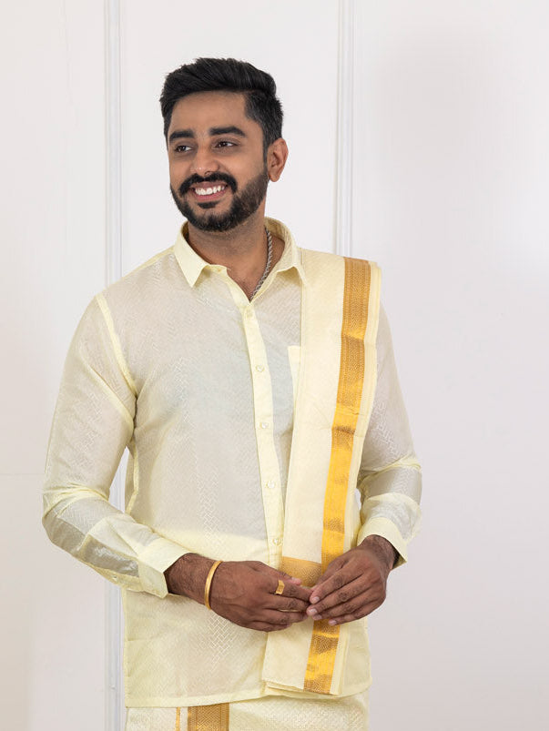 Men Art Silk Jacquard Shirt Dhoti & Towel Set Butter Scotch Swayamvara Grand BSJD1