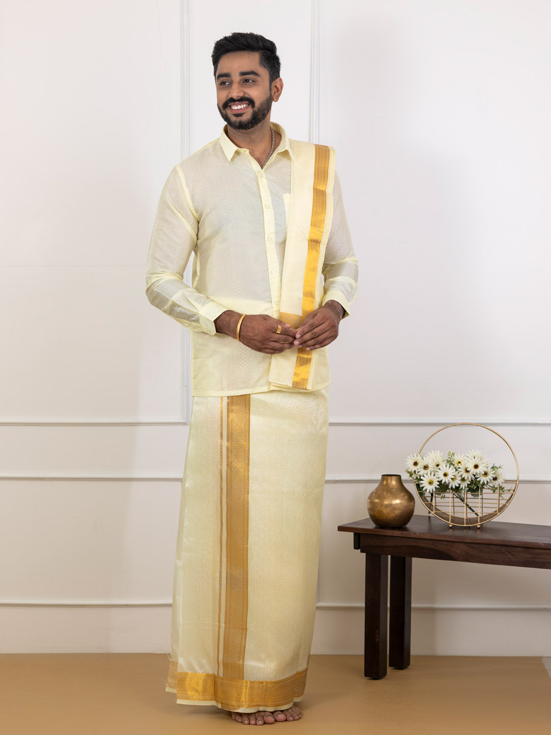 Men Art Silk Jacquard Shirt Dhoti & Towel Set Butter Scotch Swayamvara Grand BSJD1