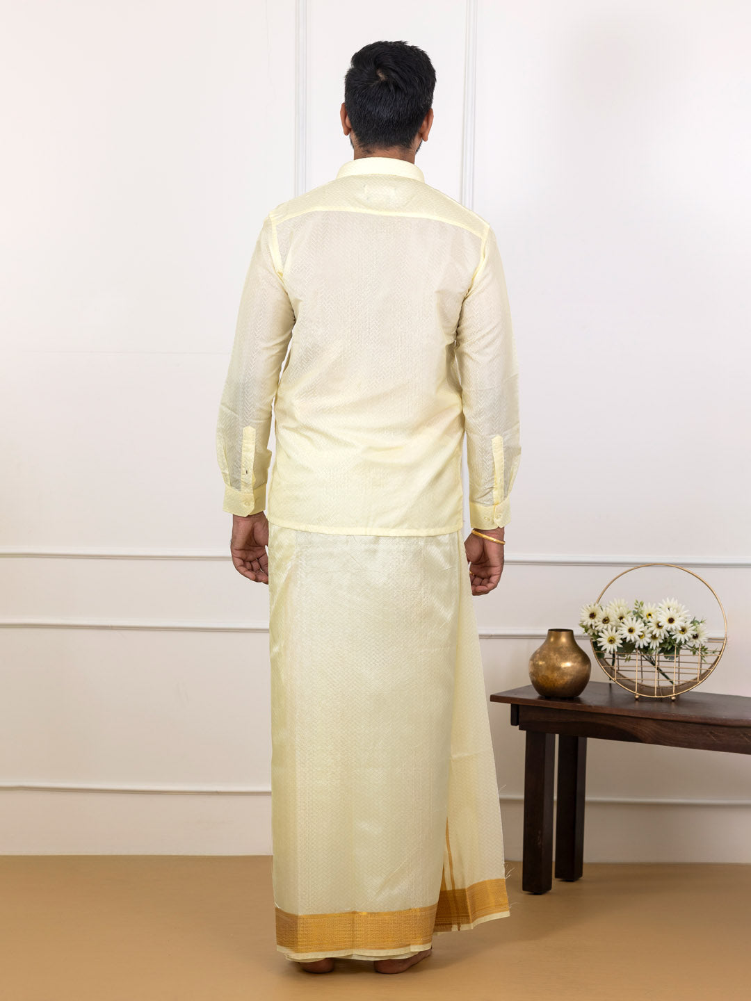 Men Art Silk Jacquard Shirt Dhoti & Towel Set Butter Scotch Swayamvara Grand BSJD1