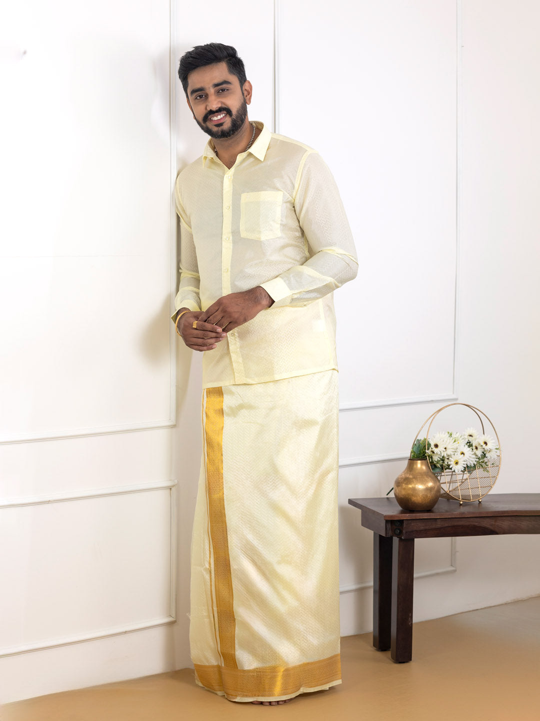 Men Art Silk Jacquard Shirt Dhoti & Towel Set Butter Scotch Swayamvara Grand BSJD1