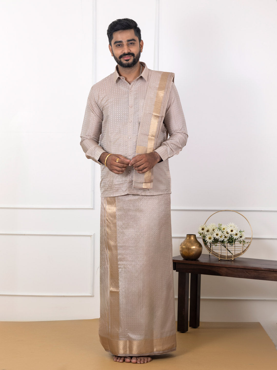 Men Art Silk Jacquard Design Shirt Dhoti & Towel Set Sand Stone Swayamvara Grand SSJD1