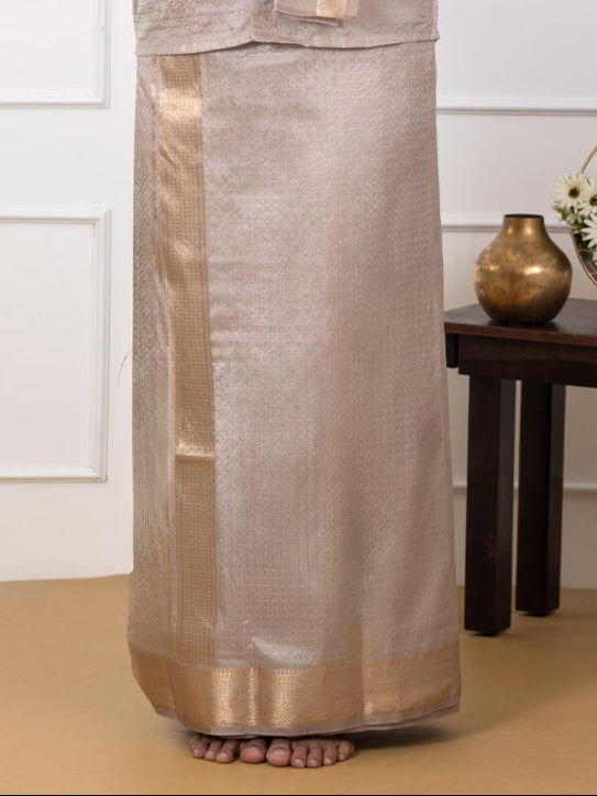 Men Art Silk Jacquard Design Shirt Dhoti & Towel Set Sand Stone Swayamvara Grand SSJD1