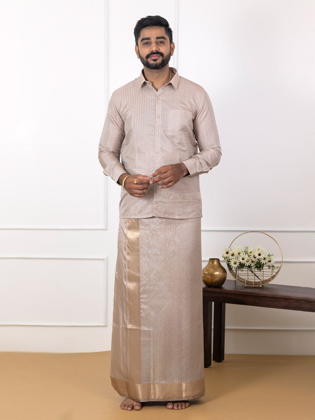 Men Art Silk Jacquard Design Shirt Dhoti & Towel Set Sand Stone Swayamvara Grand SSJD1