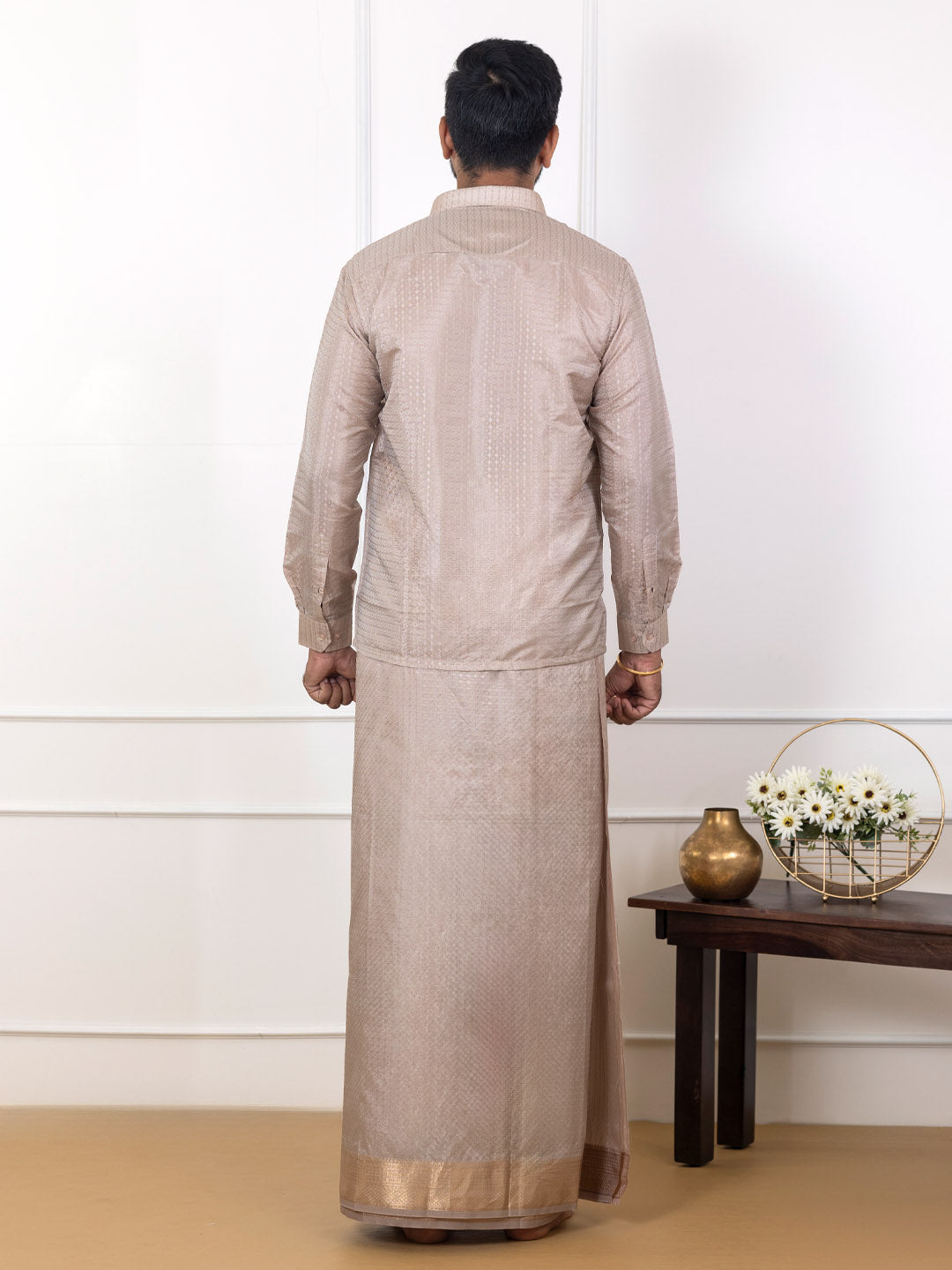 Men Art Silk Jacquard Design Shirt Dhoti & Towel Set Sand Stone Swayamvara Grand SSJD1