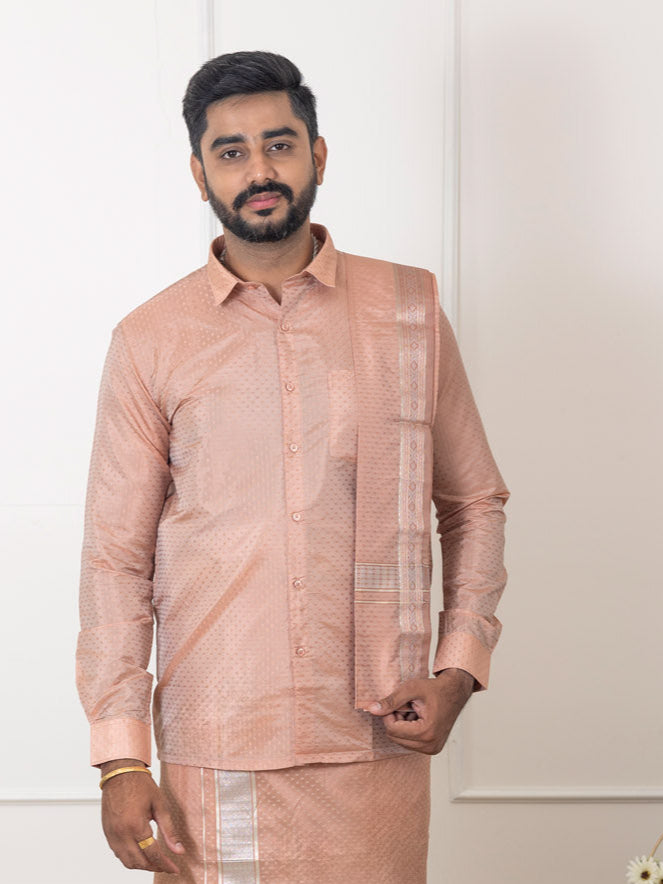 Men Art Silk Jacquard Design Shirt Dhoti & Towel Set Copper Tone Swayamvara Grand CTJD1