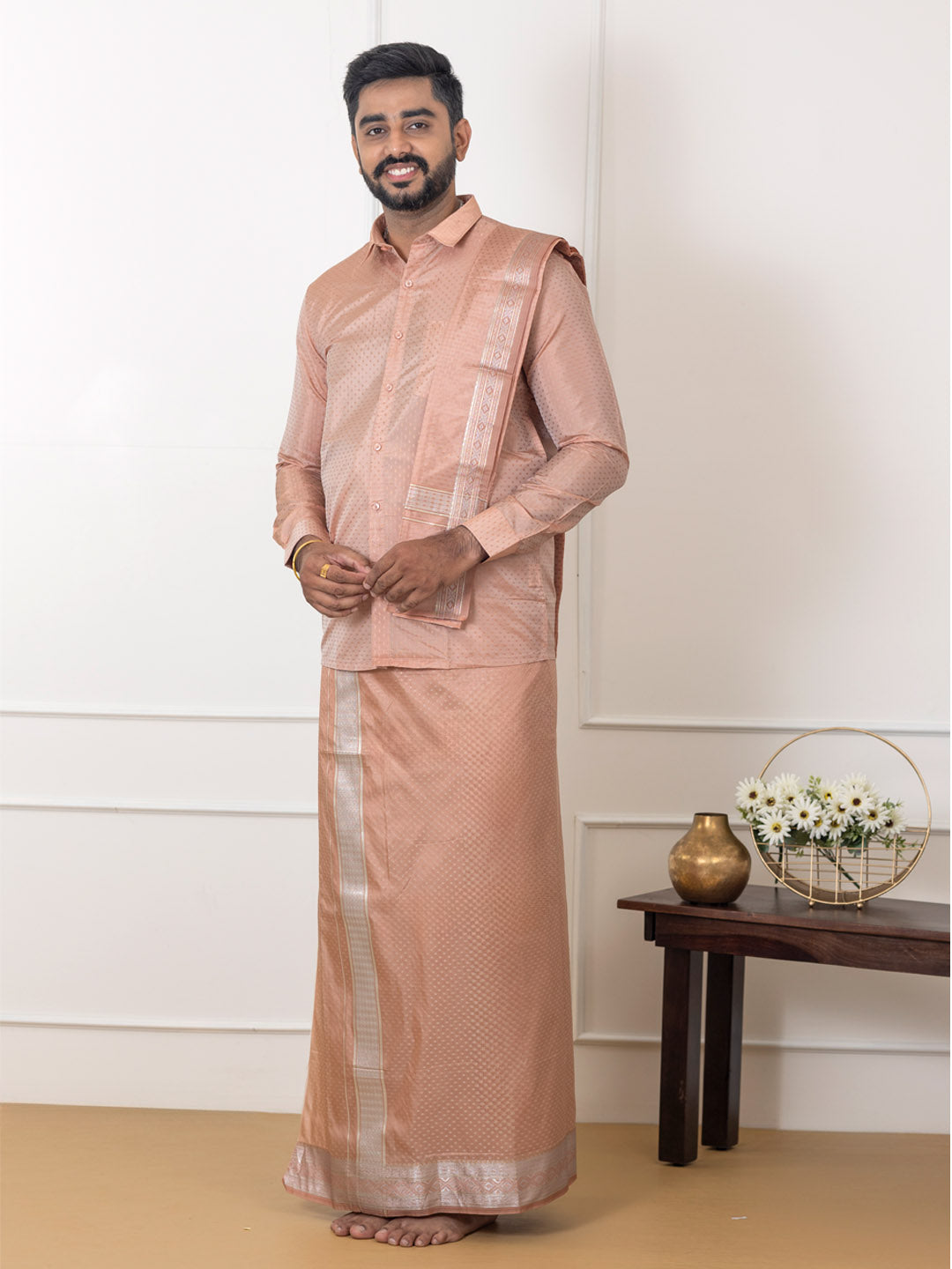 Men Art Silk Jacquard Design Shirt Dhoti & Towel Set Copper Tone Swayamvara Grand CTJD1