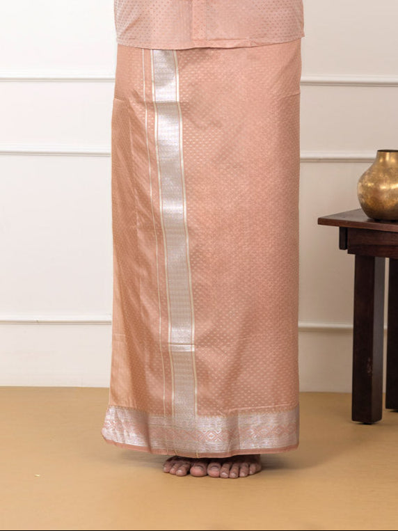 Men Art Silk Jacquard Design Shirt Dhoti & Towel Set Copper Tone Swayamvara Grand CTJD1
