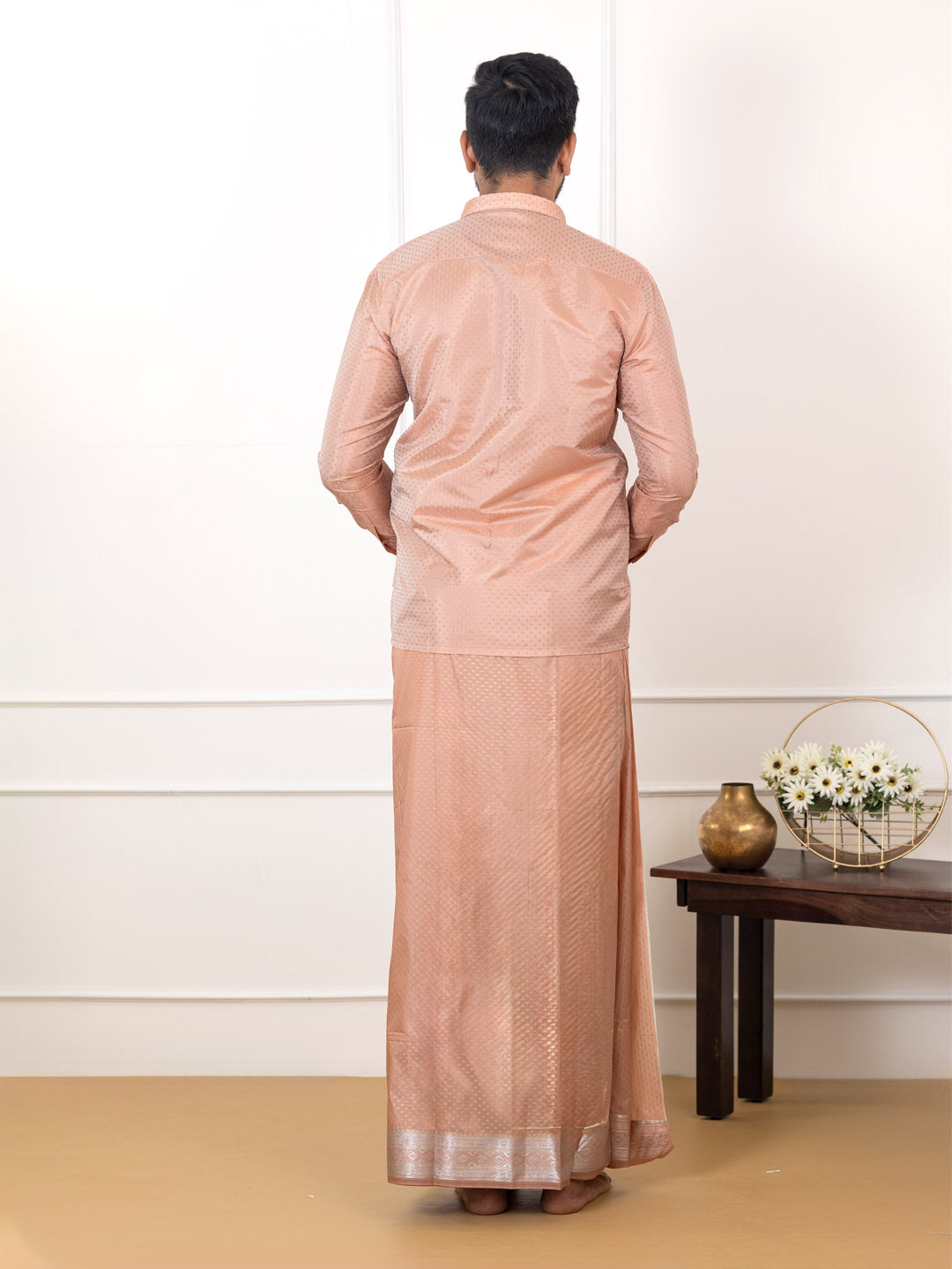 Men Art Silk Jacquard Design Shirt Dhoti & Towel Set Copper Tone Swayamvara Grand CTJD1