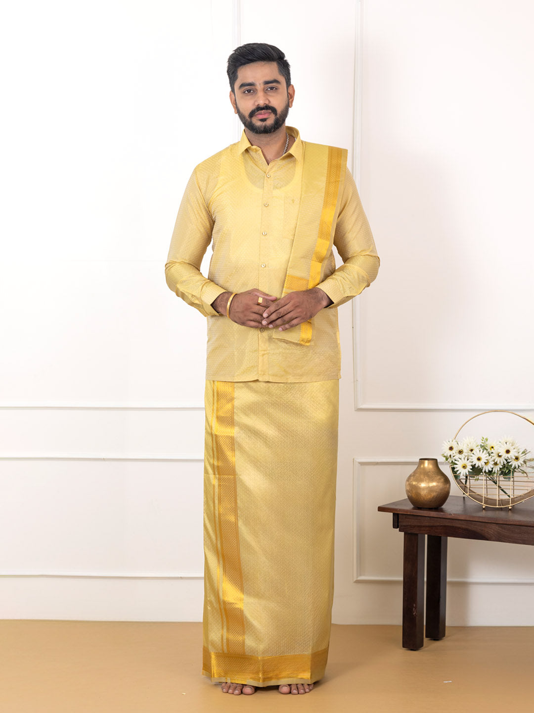 Men Art Silk Jacquard Design Shirt Dhoti & Towel Set Gold Swayamvara Grand DGJD1