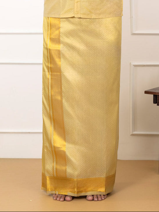 Men Art Silk Jacquard Design Shirt Dhoti & Towel Set Gold Swayamvara Grand DGJD1