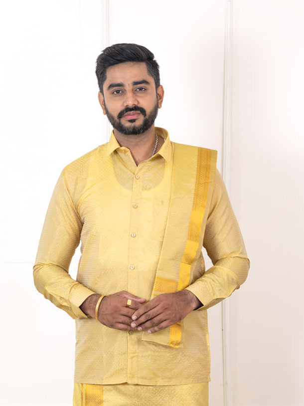 Men Art Silk Jacquard Design Shirt Dhoti & Towel Set Gold Swayamvara Grand DGJD1