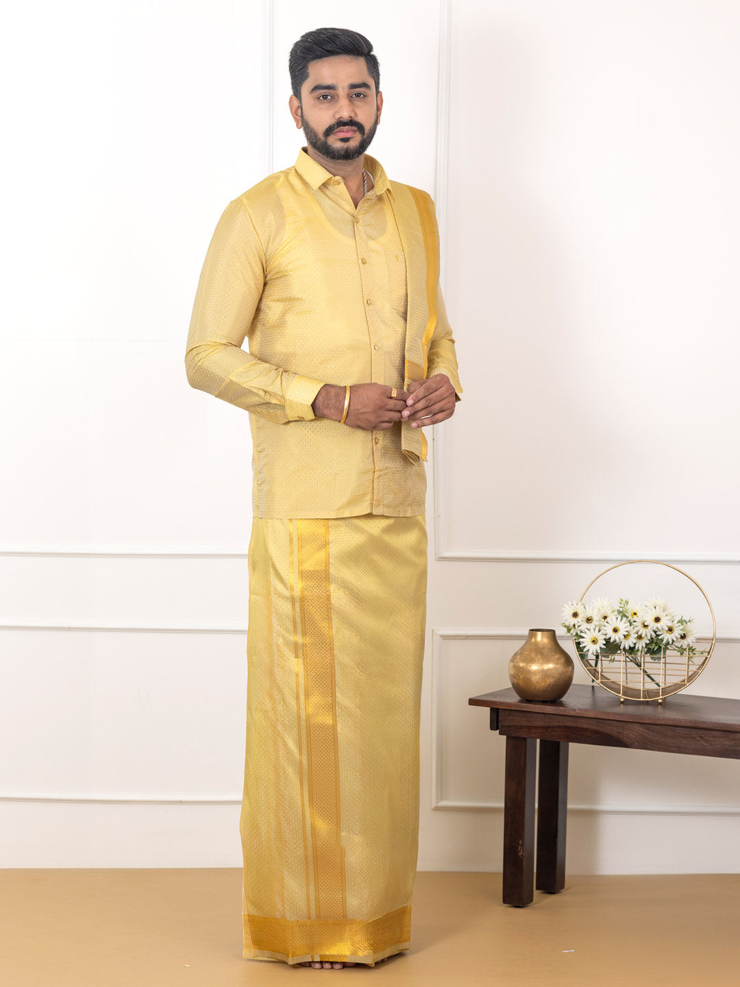 Men Art Silk Jacquard Design Shirt Dhoti & Towel Set Gold Swayamvara Grand DGJD1