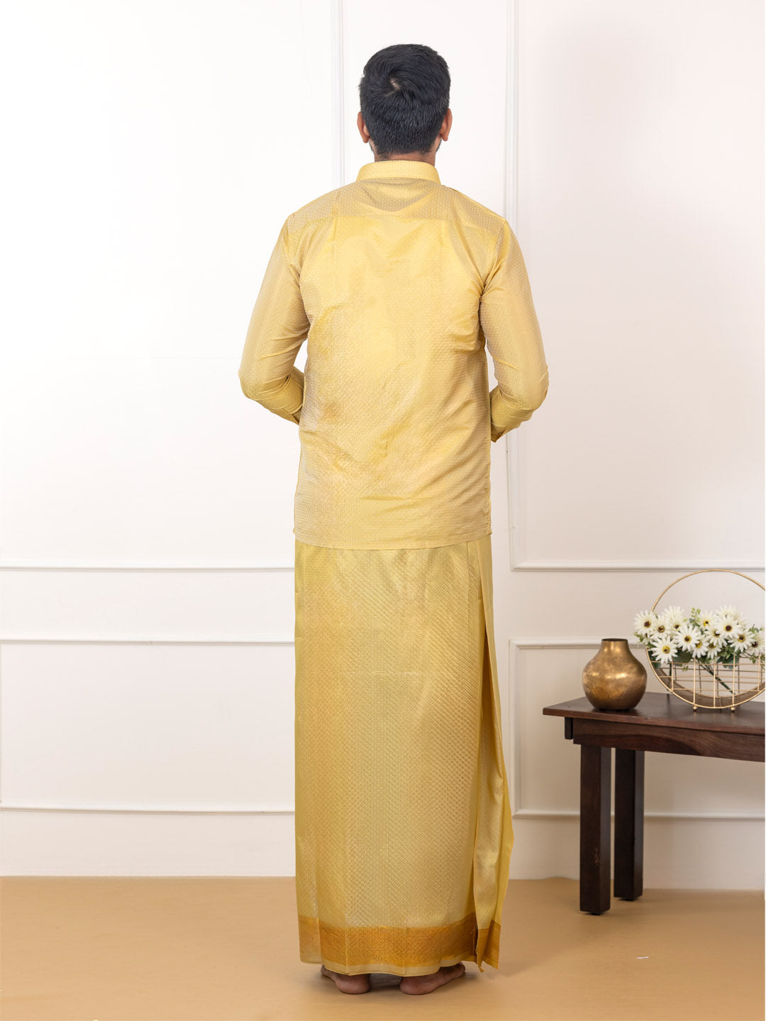 Men Art Silk Jacquard Design Shirt Dhoti & Towel Set Gold Swayamvara Grand DGJD1