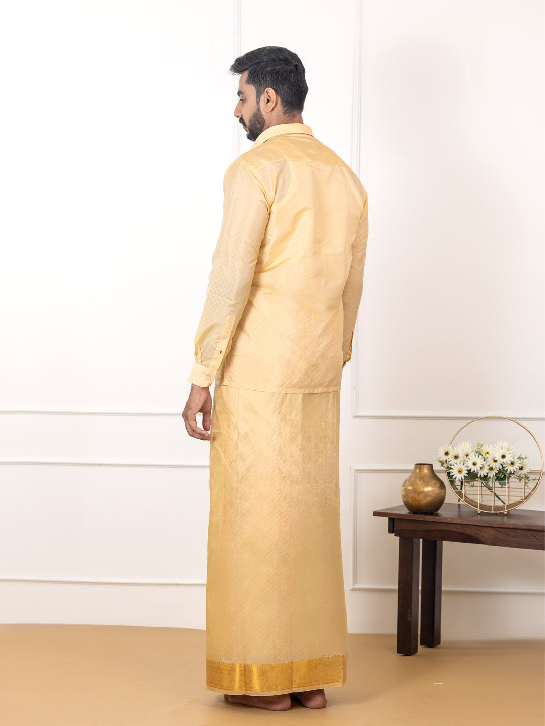 Men Art Silk Jacquard Design Shirt Dhoti & Towel Set Fresh Peach Swayamvara Grand FPJD1