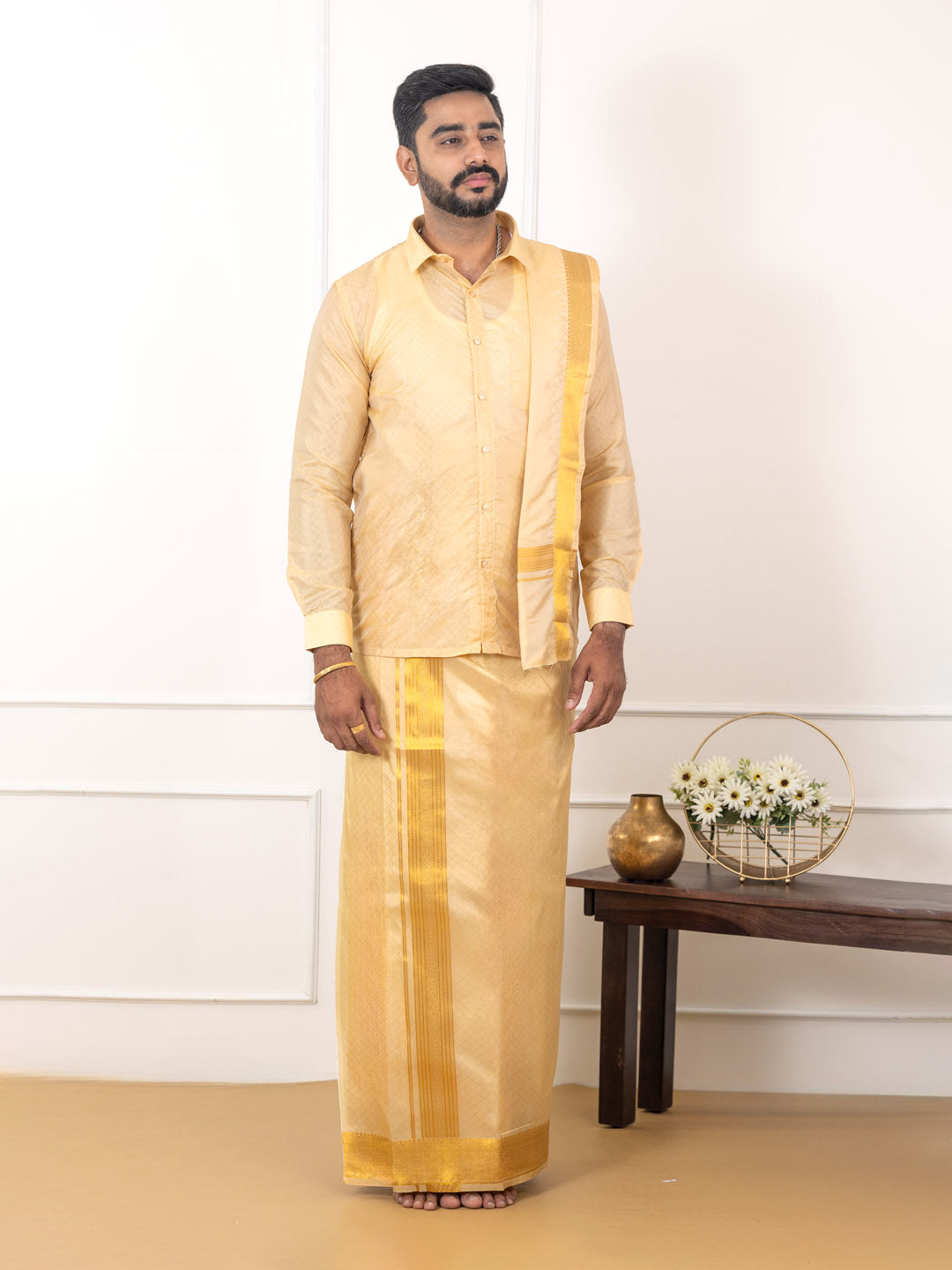 Men Art Silk Jacquard Design Shirt Dhoti & Towel Set Fresh Peach Swayamvara Grand FPJD1