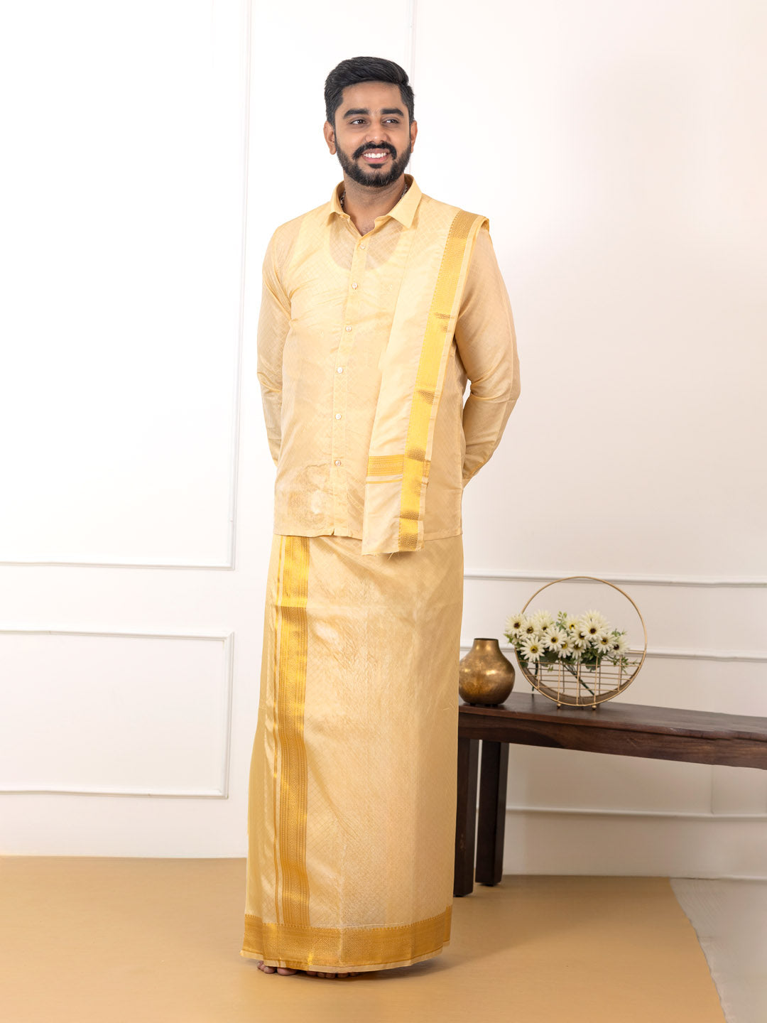 Men Art Silk Jacquard Design Shirt Dhoti & Towel Set Fresh Peach Swayamvara Grand FPJD1