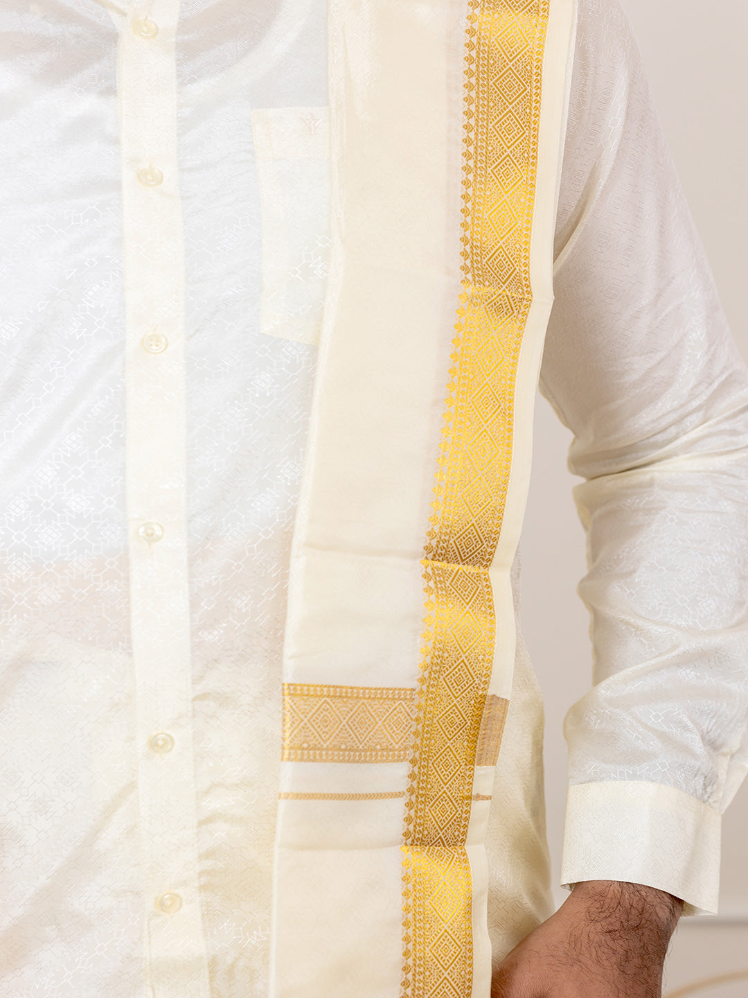 Men Art Silk Cream Self Design Shirt & Dhoti Towel Set Parinayam Grand CRJD4
