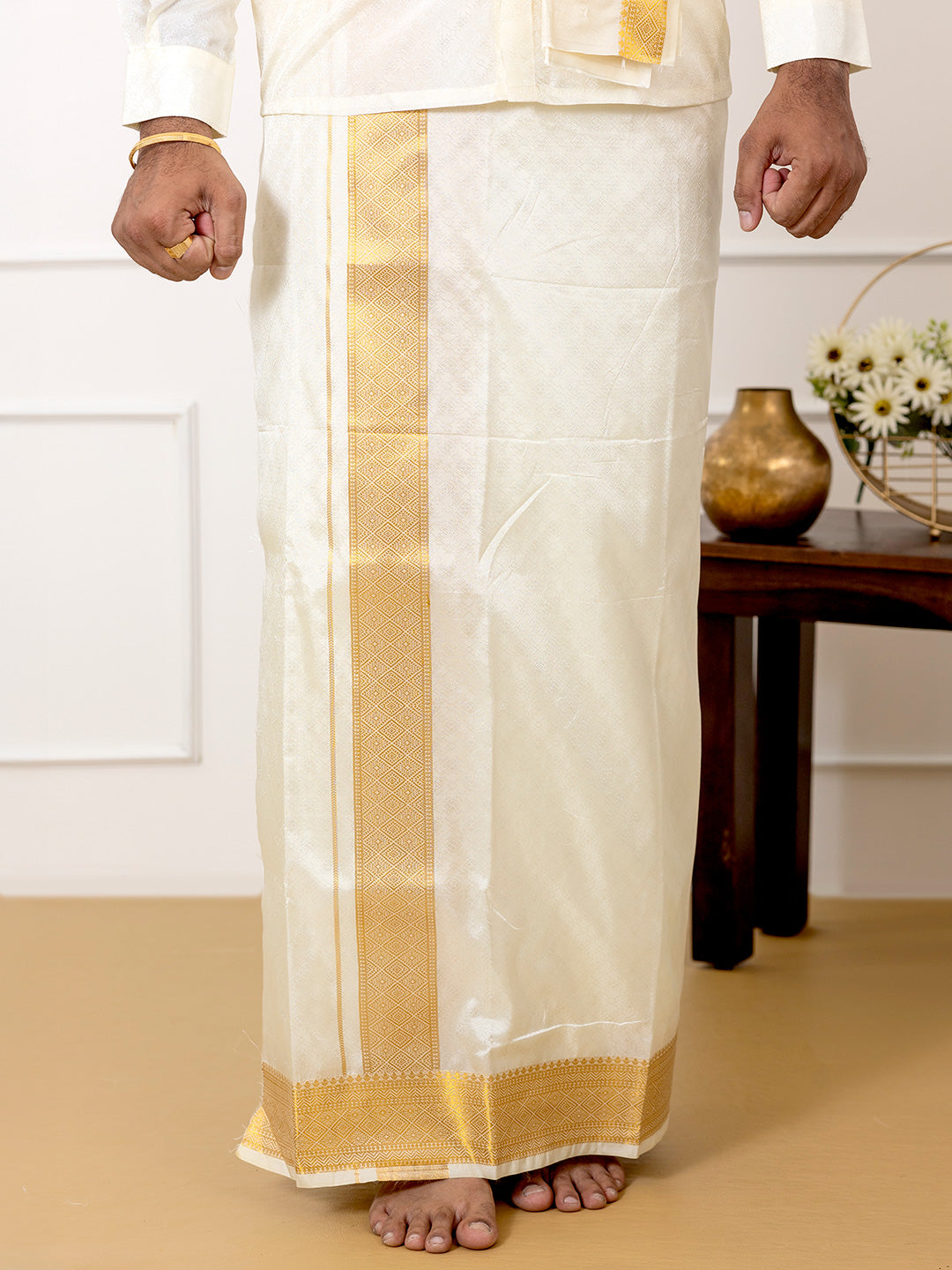 Men Art Silk Cream Self Design Shirt & Dhoti Towel Set Parinayam Grand CRJD4