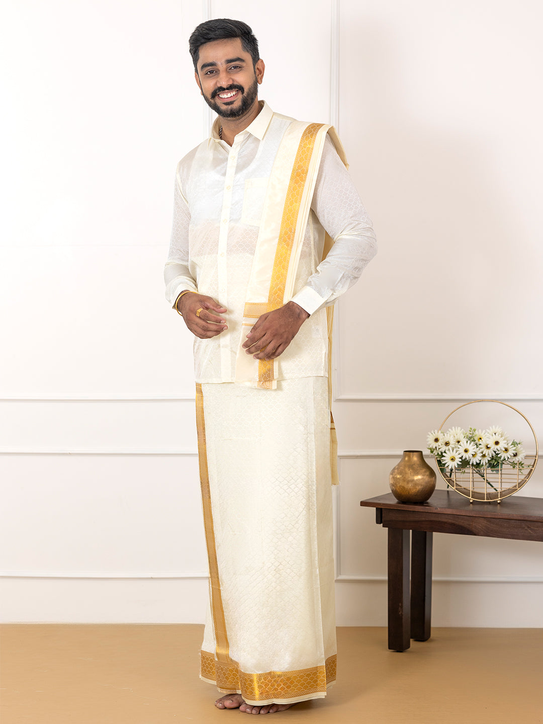 Men Art Silk Cream Self Design Shirt & Dhoti Towel Set Parinayam Grand CRJD2