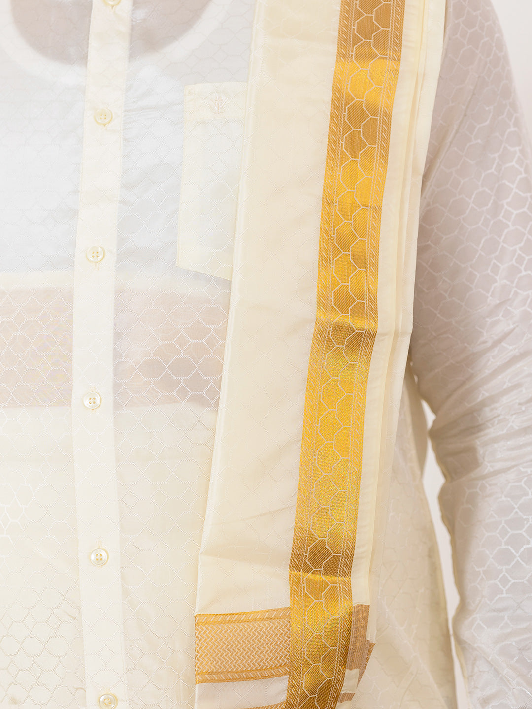 Men Art Silk Cream Self Design Shirt & Dhoti Towel Set Parinayam Grand CRJD2
