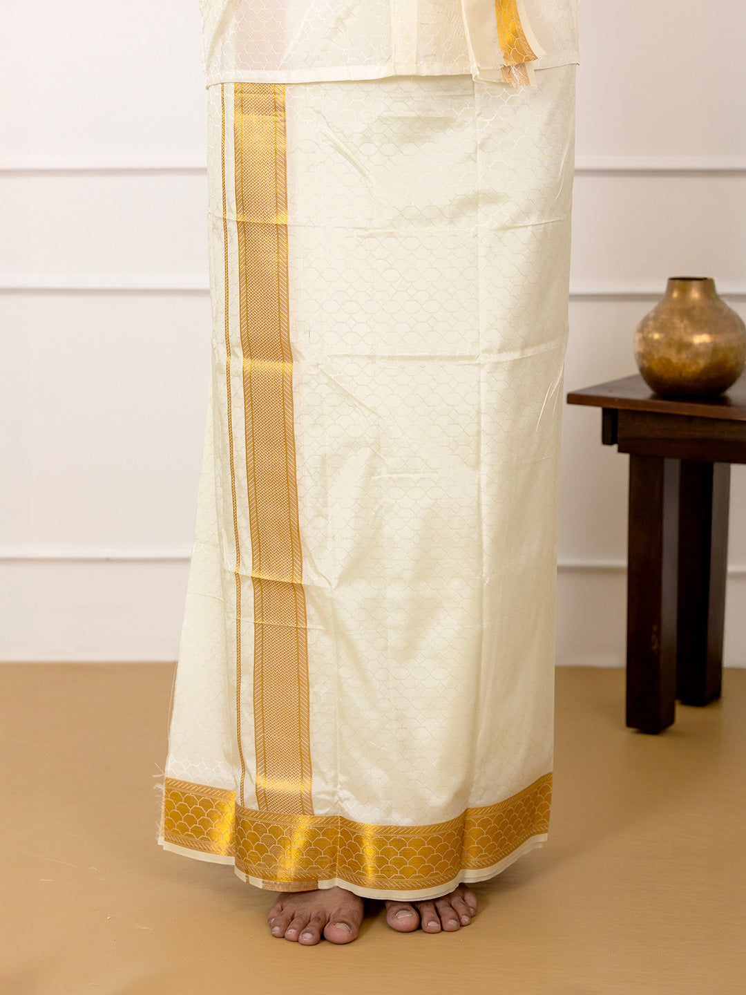 Men Art Silk Cream Self Design Shirt & Dhoti Towel Set Parinayam Grand CRJD2