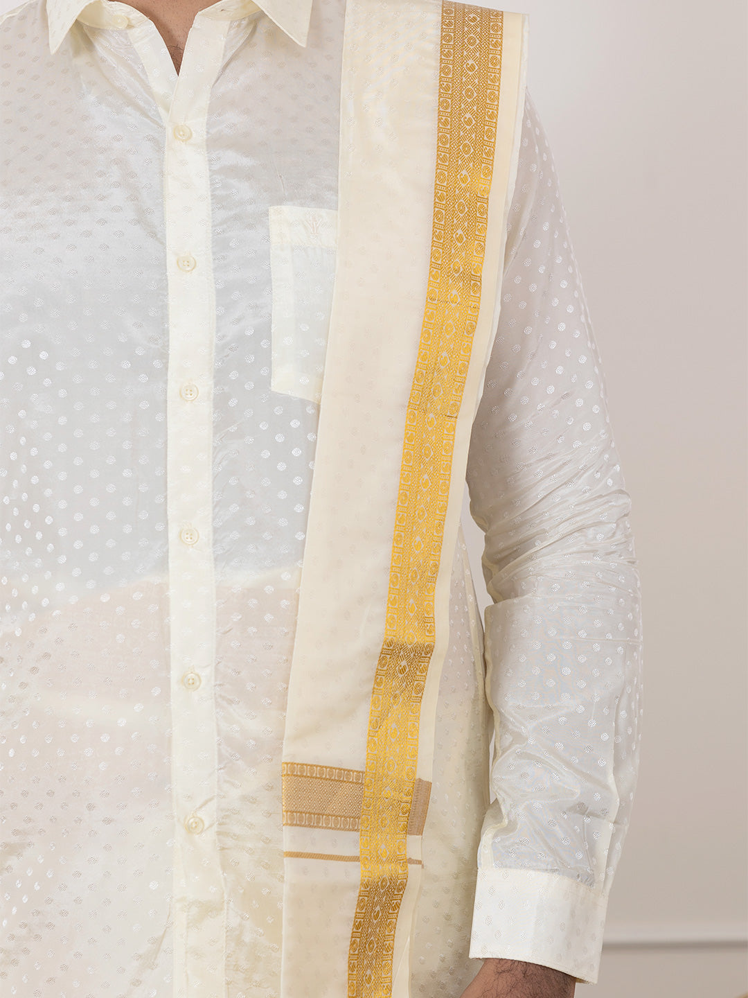 Men Art Silk Cream Self Design Shirt & Dhoti Towel Set Parinayam Grand CRJD5