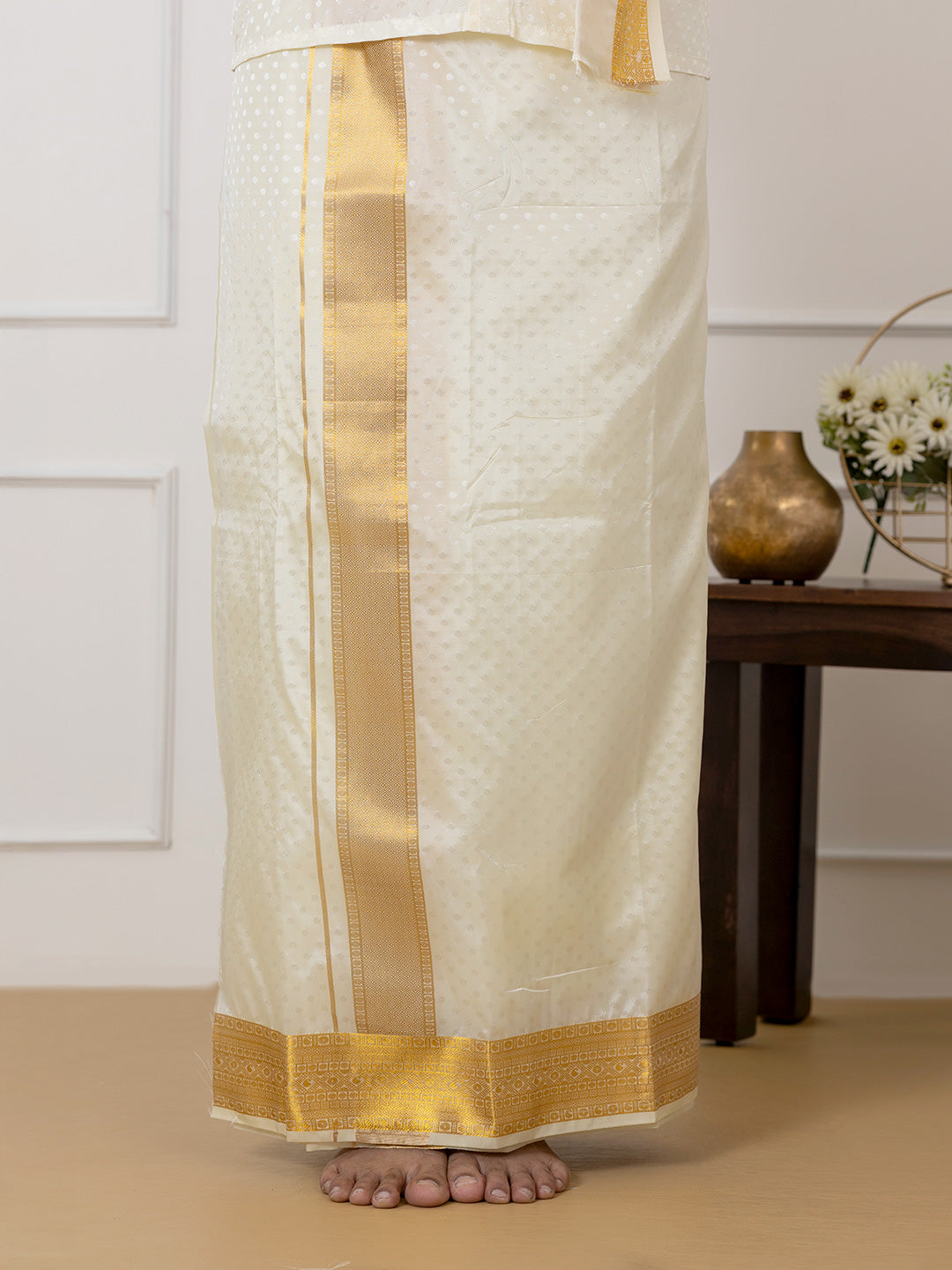 Men Art Silk Cream Self Design Shirt & Dhoti Towel Set Parinayam Grand CRJD5