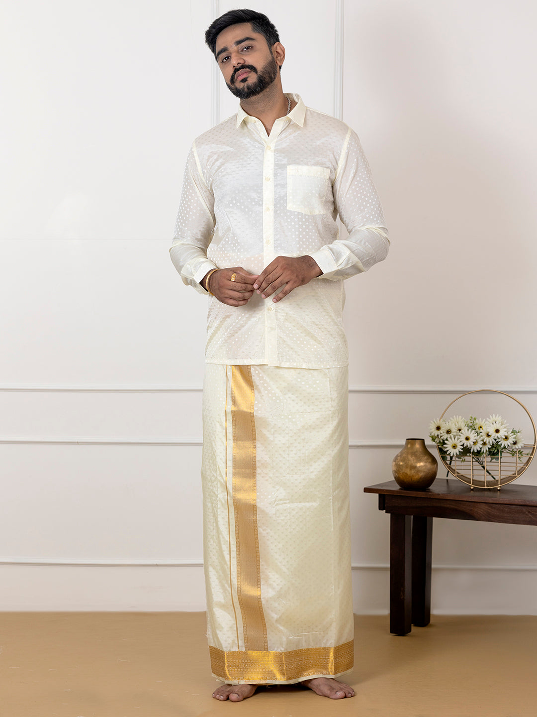 Men Art Silk Cream Self Design Shirt & Dhoti Towel Set Parinayam Grand CRJD5