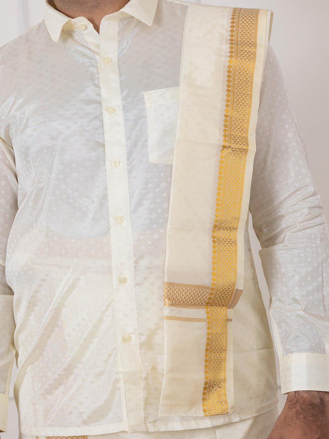 Men Art Silk Cream Self Design Shirt & Dhoti Towel Set Parinayam Grand CRJD1