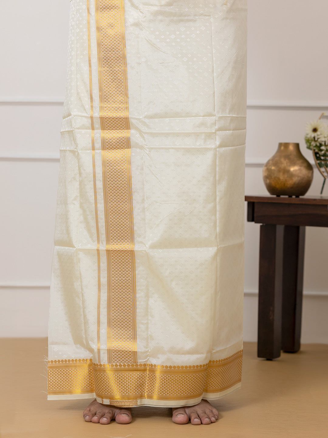 Men Art Silk Cream Self Design Shirt & Dhoti Towel Set Parinayam Grand CRJD1