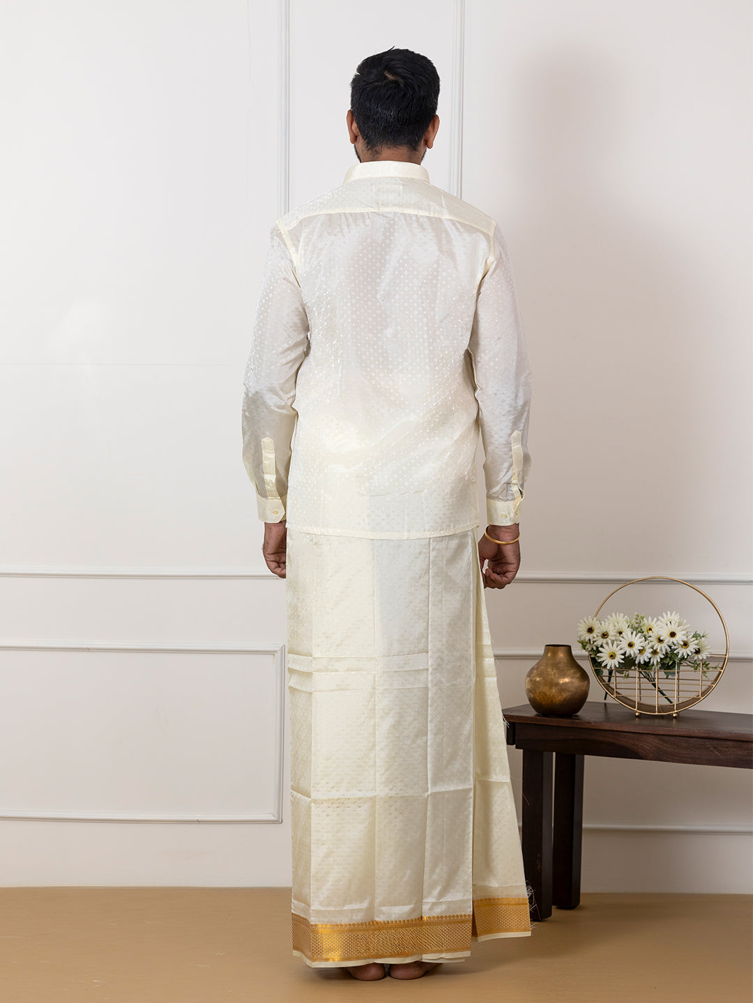 Men Art Silk Cream Self Design Shirt & Dhoti Towel Set Parinayam Grand CRJD1