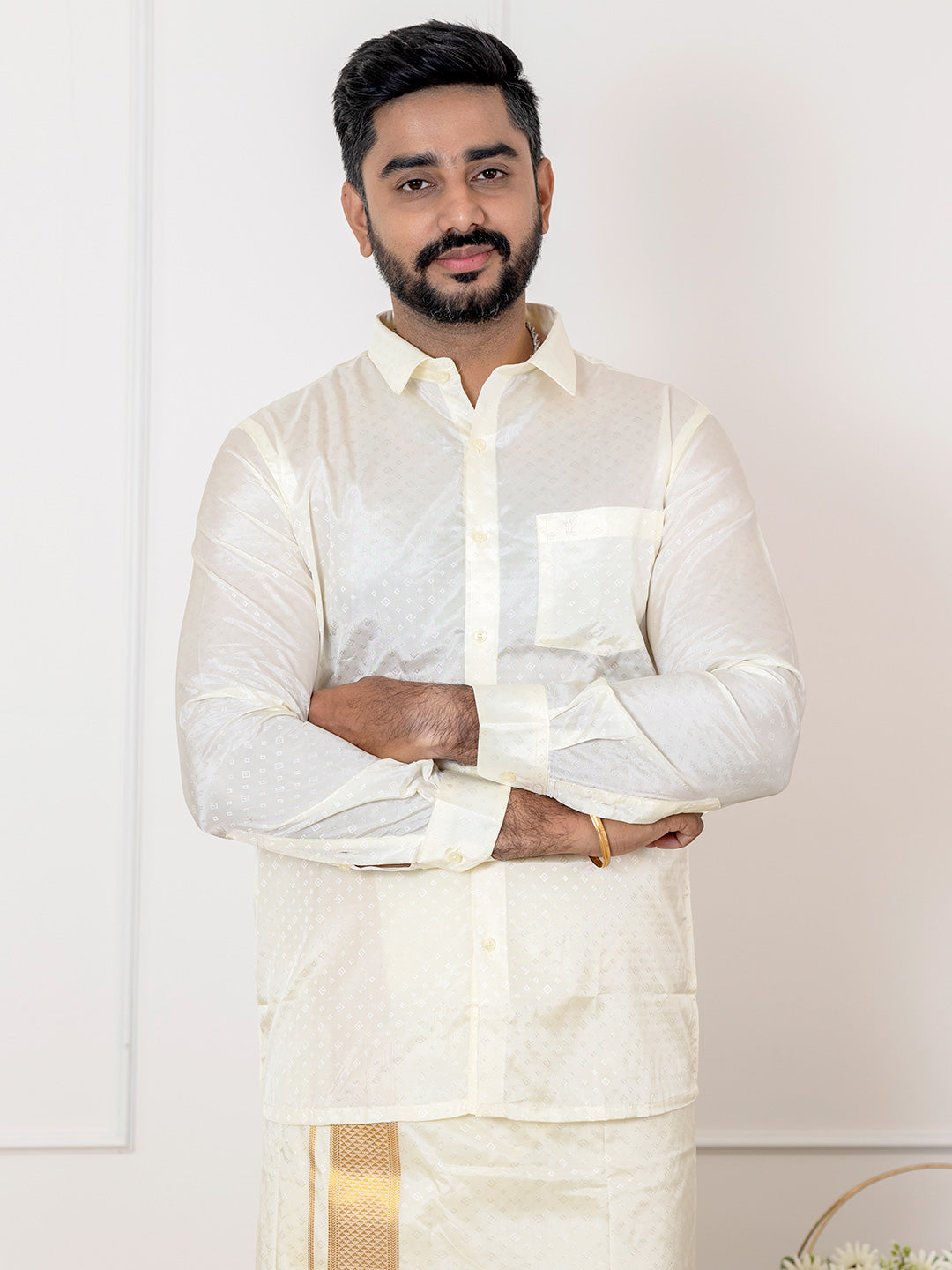 Men Art Silk Cream Self Design Shirt & Dhoti Towel Set Parinayam Grand CRJD1