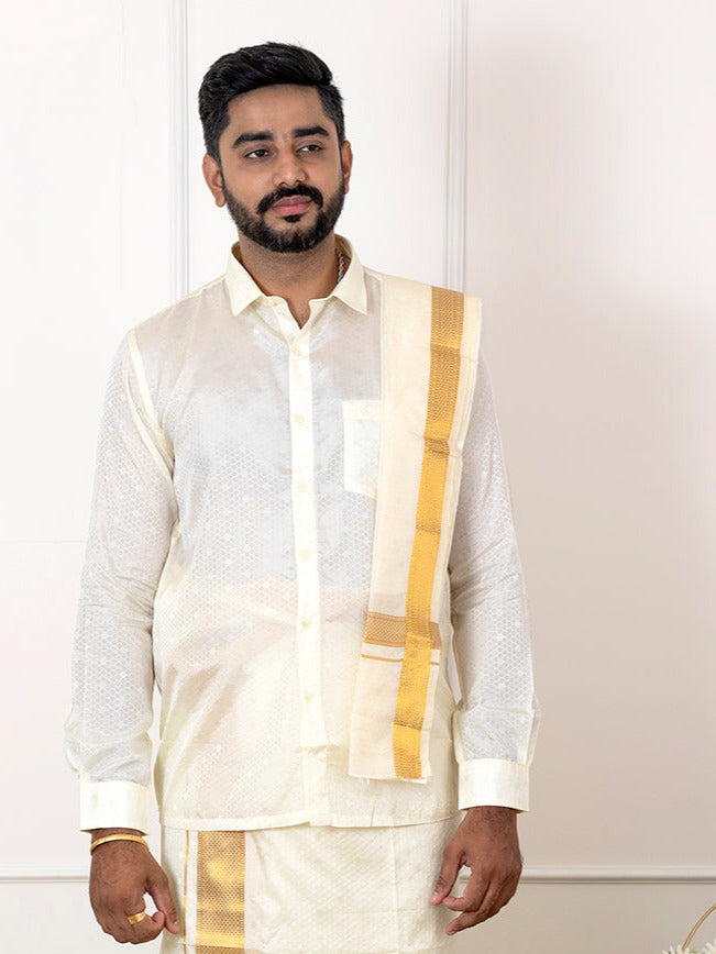 Men Art Silk Cream Self Design Shirt & Dhoti Towel Set Parinayam Grand CRJD3