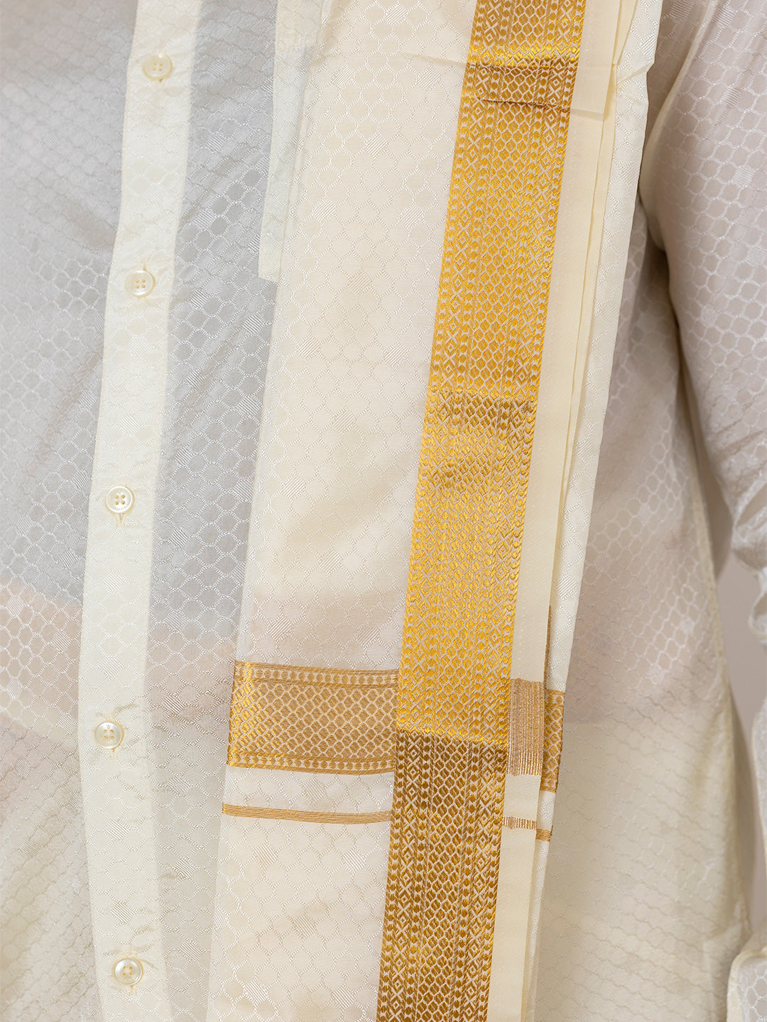 Men Art Silk Cream Self Design Shirt & Dhoti Towel Set Parinayam Grand CRJD3