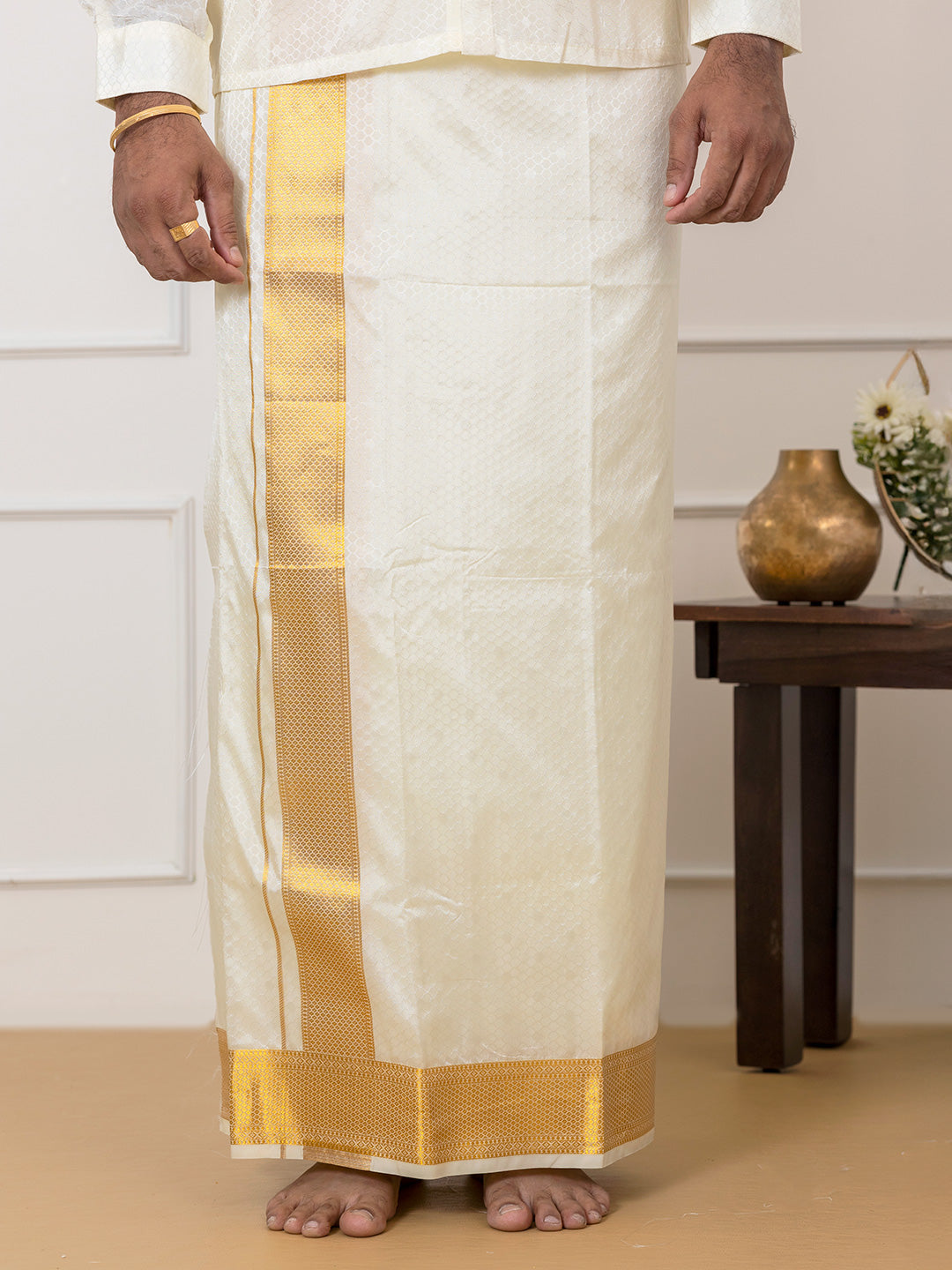 Men Art Silk Cream Self Design Shirt & Dhoti Towel Set Parinayam Grand CRJD3