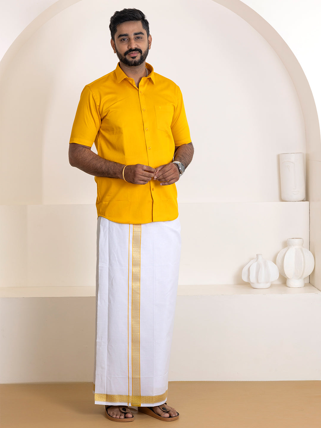 Men 100% Cotton Orange Shirt and Fancy Border Dhoti Set BT4
