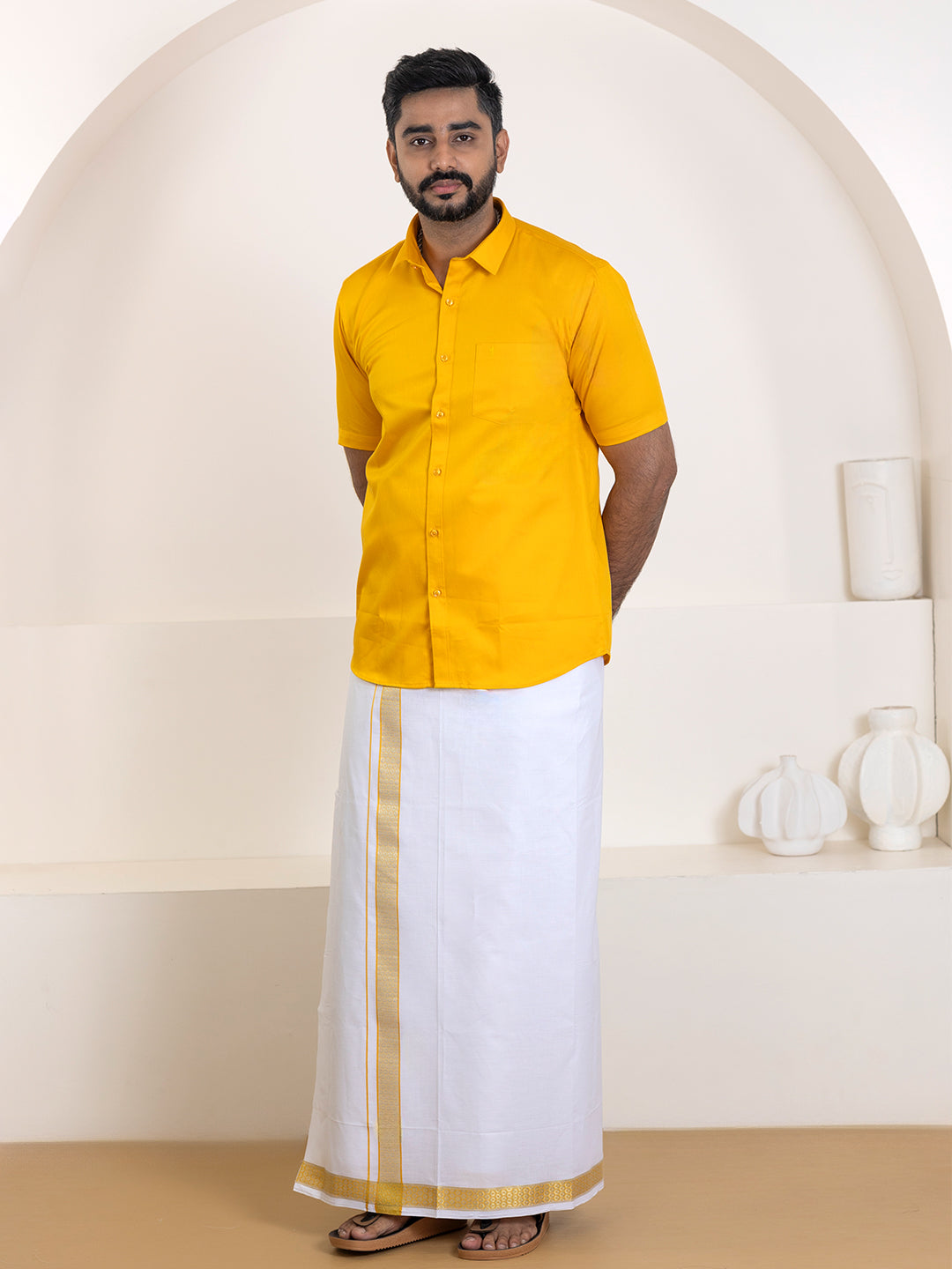 Men 100% Cotton Orange Shirt and Fancy Border Dhoti Set BT4