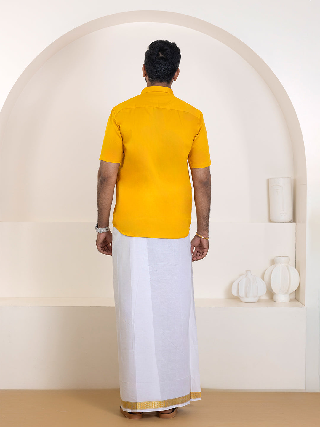 Men 100% Cotton Orange Shirt and Fancy Border Dhoti Set BT4