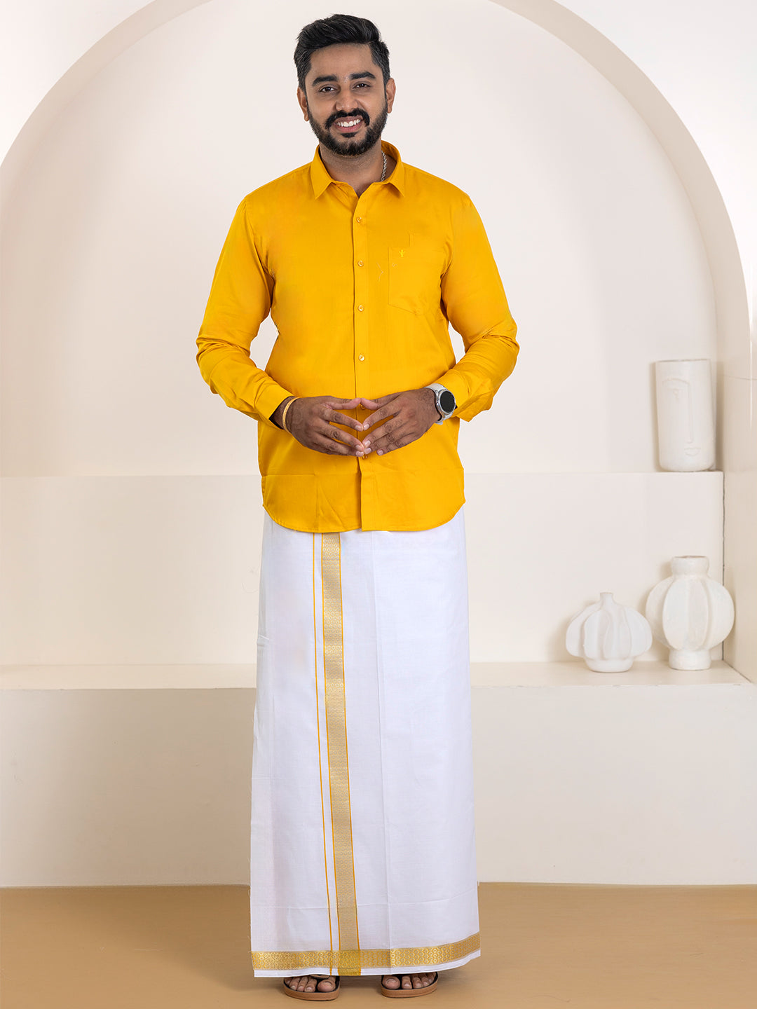 Men 100% Cotton Orange Shirt and Fancy Border Dhoti Set BT4
