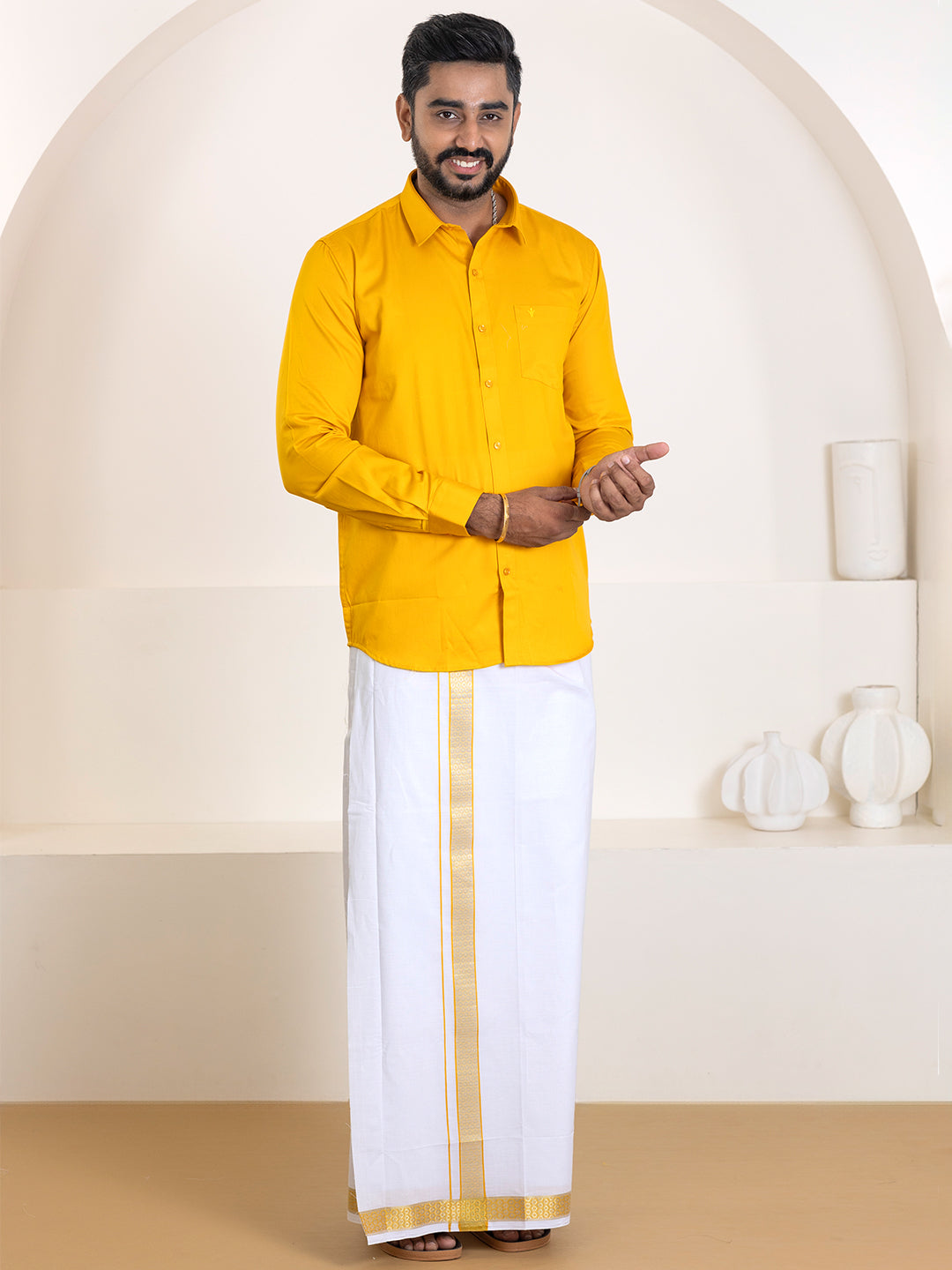 Men 100% Cotton Orange Shirt and Fancy Border Dhoti Set BT4