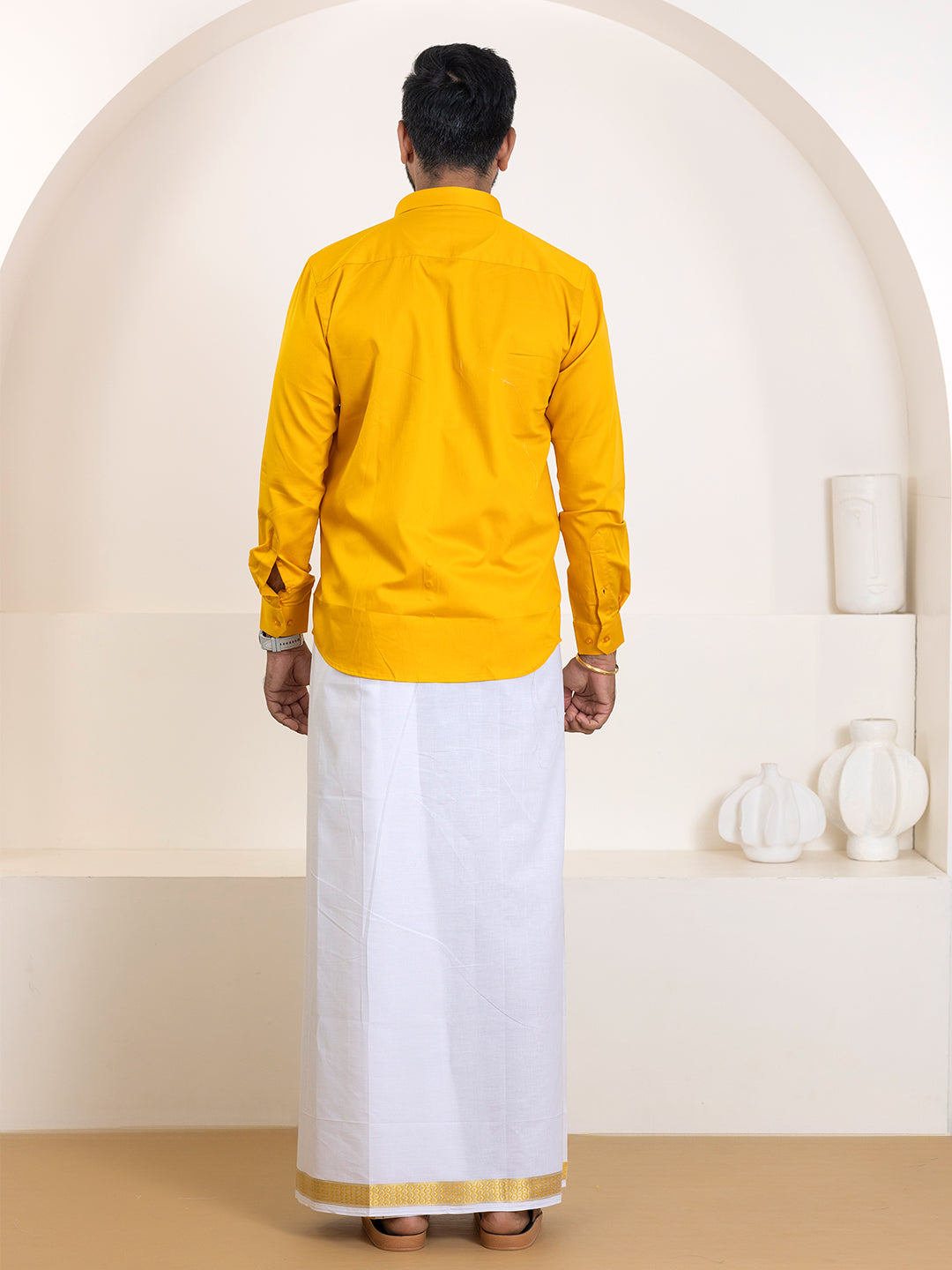 Men 100% Cotton Orange Shirt and Fancy Border Dhoti Set BT4